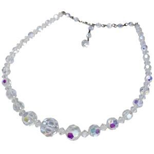 Vintage Mid Century Graduated Aurora Borealis Glass Bead 16" Choker Necklace